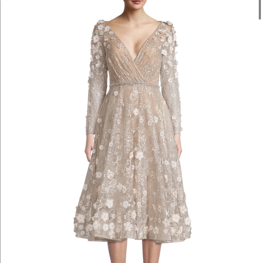NWOT Saks Mac Duggal tea length dress 3D flowers and crystals Nude/Blush size14